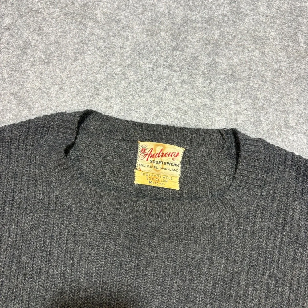 Vintage Andrews Sportswear Mens Gray Lambswool Blend Ribbed Crewneck Sweater M